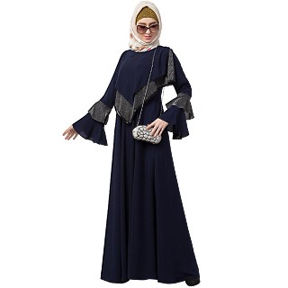 Designer Cape abaya with bell sleeves- Navy Blue